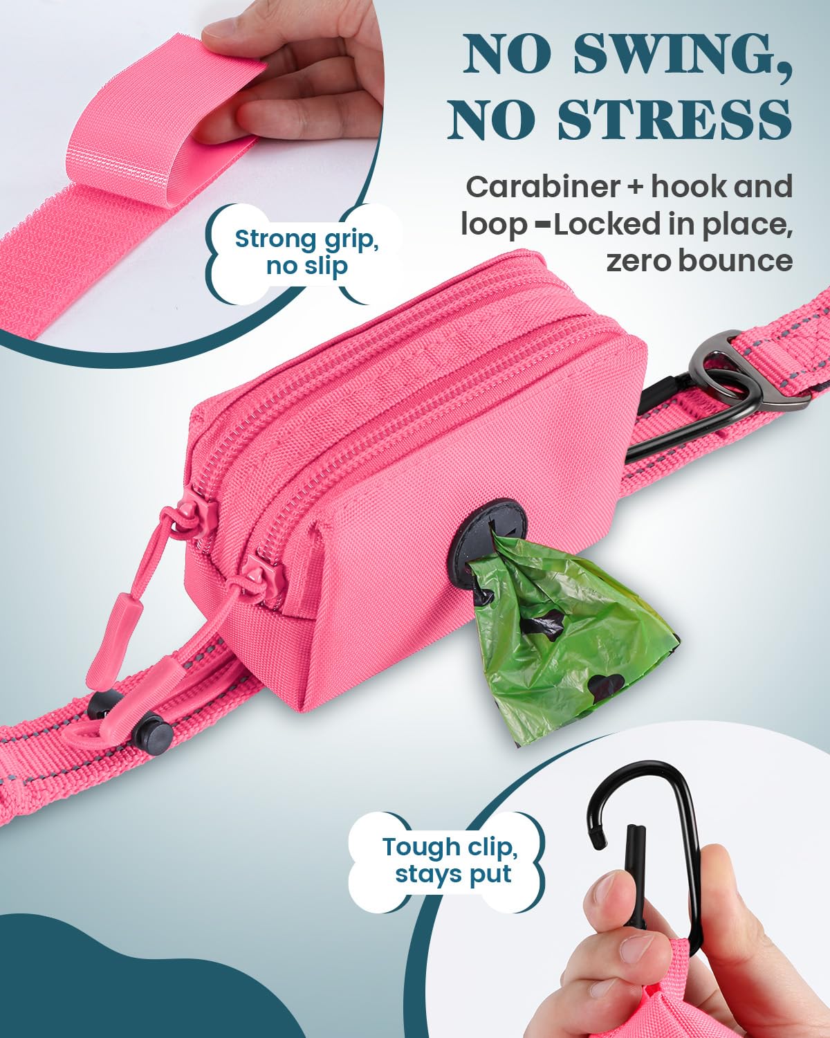 Dog Poop Bag Holder for Leashes, Pink Doggie Waste Bag Dispenser and Treat Holder, with Carabiner Hook and Poop Bag Clip, Used W